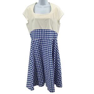 Gown Town Dress WMNS 2XL Blue/White Retro 50s Houndstooth Fit & Flare Midi